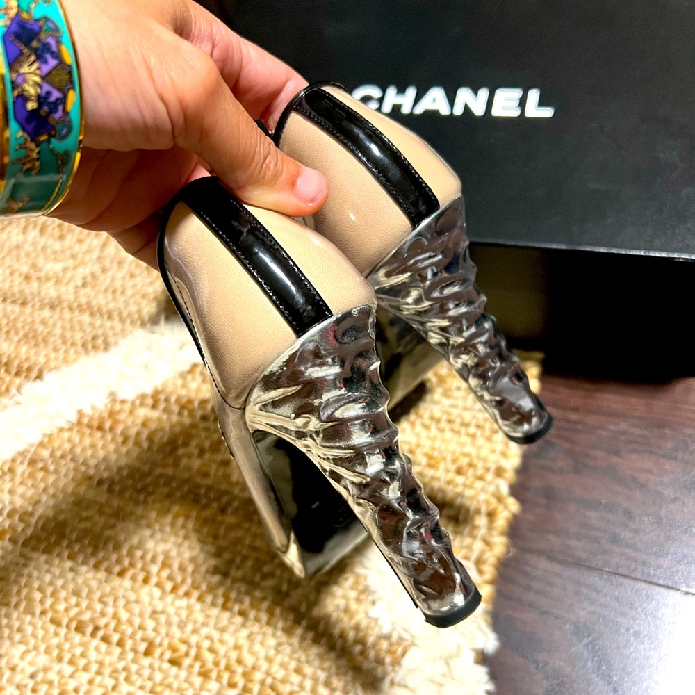 Authentic CHANEL pvc and patent black/beige CC cap toe platform pumps